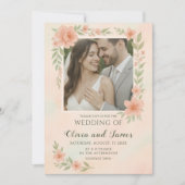 赤面結婚ピンクとフローラフレームと写真 招待状 (正面)