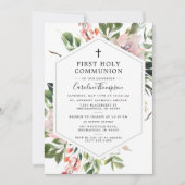 赤面花模様グリーンリーウォーターカラーファーストコミュニオン 招待状 (正面)