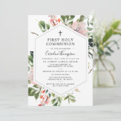 赤面花模様グリーンリーウォーターカラーファーストコミュニオン 招待状 (スタンド正面)