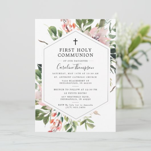 赤面花模様グリーンリーウォーターカラーファーストコミュニオン 招待状 (スタンド正面)