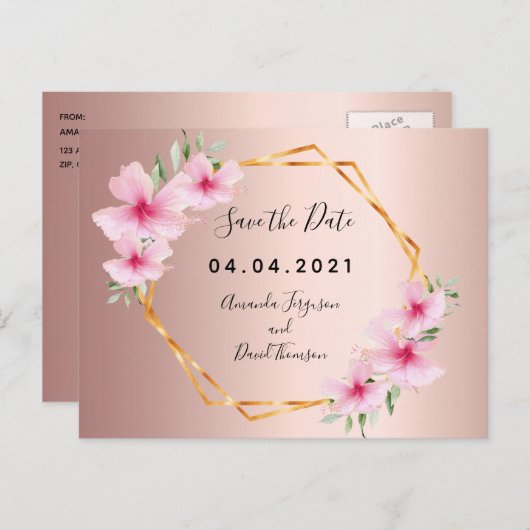 赤面花模様バラ金ゴールド結婚式日付の保存 案内ポストカード (正面/裏面)
