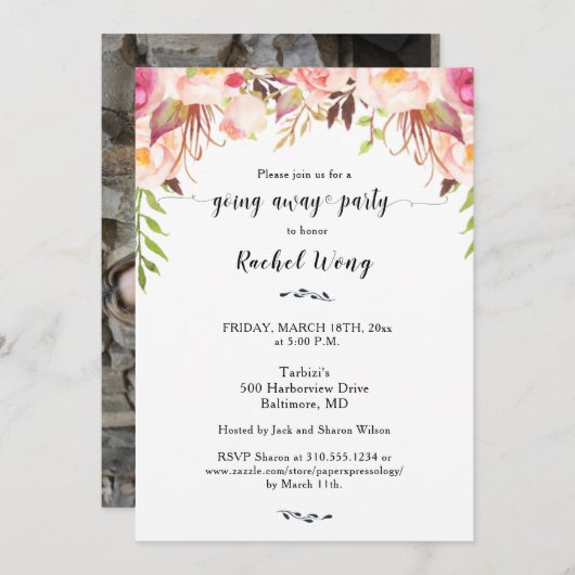 赤面花模様移動遠くにパーティー写真 招待状 (正面/裏面)