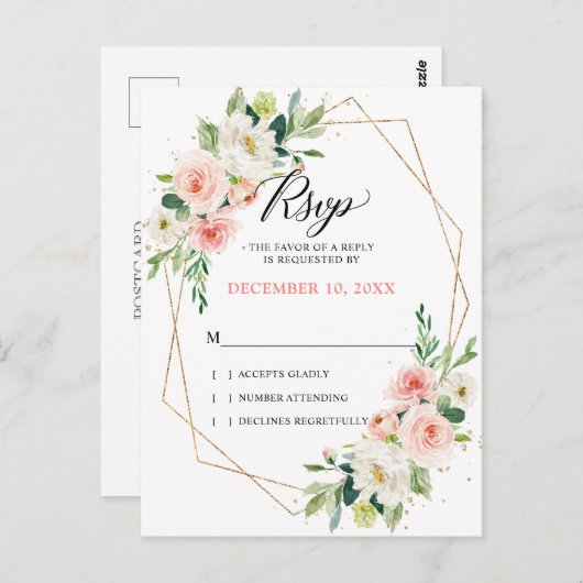赤面花模様金ゴールドモダンジオメトリフレームRSVP ポストカード (正面/裏面)