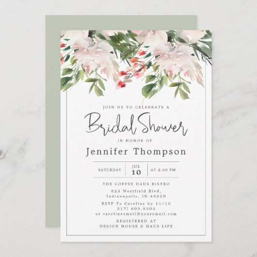 赤面花模様&グリーナリーウォーターのカラーブライダルシャワー 招待状 (正面/裏面)