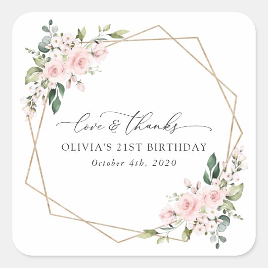 赤面花，ピンク色の花，ボホ，誕生日 スクエアシール (正面)