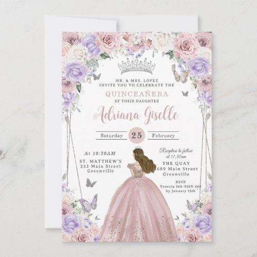 赤面薄紫ホワイトフローラドレスキンセアニラXV 16 招待状 (正面)