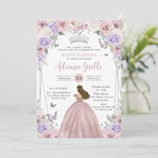 赤面薄紫ホワイトフローラドレスキンセアニラXV 16 招待状 (スタンド正面)