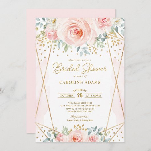 赤面金ゴールドかわいらしフローラ幾何ブライダルシャワー 招待状 (正面/裏面)