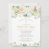 赤面金ゴールドとグリーンフローラベビーガールバプテスマ 招待状 (正面)