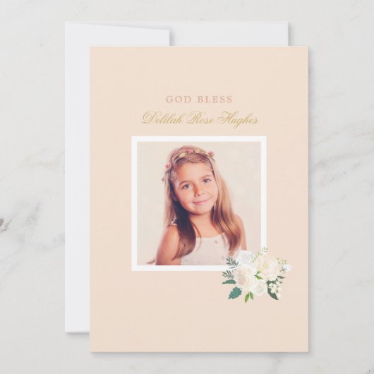 赤面金ゴールドと緑のフローラガールファースト・コミュニオン 招待状 (裏面)