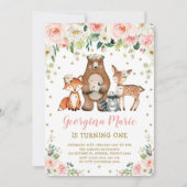 赤面金ゴールドウッドランド動物ガーリーフローラ誕生日 招待状 (正面)