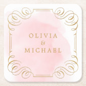 赤面金ゴールドエレガントヴィンテージ繁盛カップル名 スクエアペーパーコースター (正面)