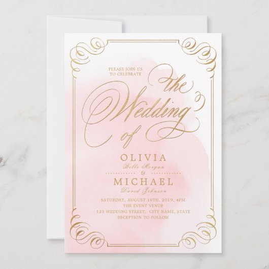 赤面金ゴールドエレガント書道ヴィンテージ結婚式 招待状 (正面)