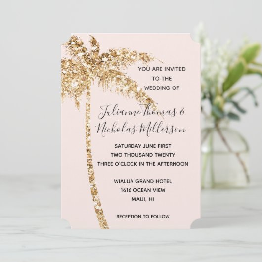 赤面金ゴールドグリッタートロピカルパームツリー 招待状 (スタンド正面)