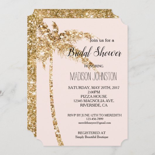赤面金ゴールドグリッターパームツリーブライダルシャワー 招待状 (正面/裏面)