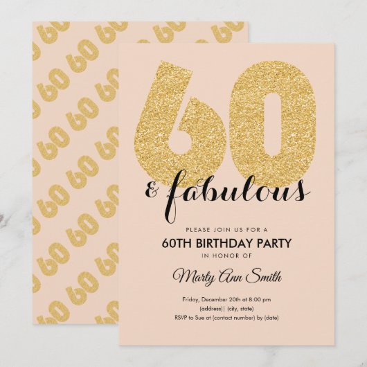 赤面金ゴールドグリッター60と素晴らしい誕生日パーティー 招待状 (正面/裏面)