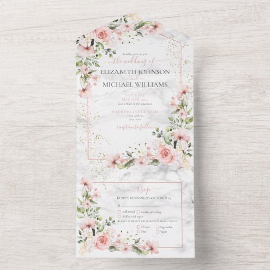 赤面金ゴールドグリーンダスティピンクフローラ結婚ズ オールインワン招待状 (内側)