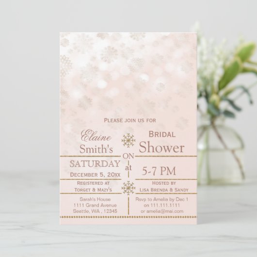 赤面金ゴールドスノーフレークスウィンターブライダルシャワー招待状 招待状 (スタンド正面)