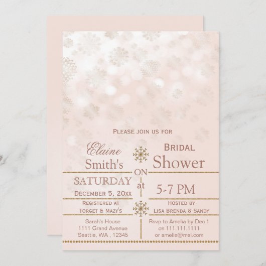 赤面金ゴールドスノーフレークスウィンターブライダルシャワー招待状 招待状 (正面/裏面)