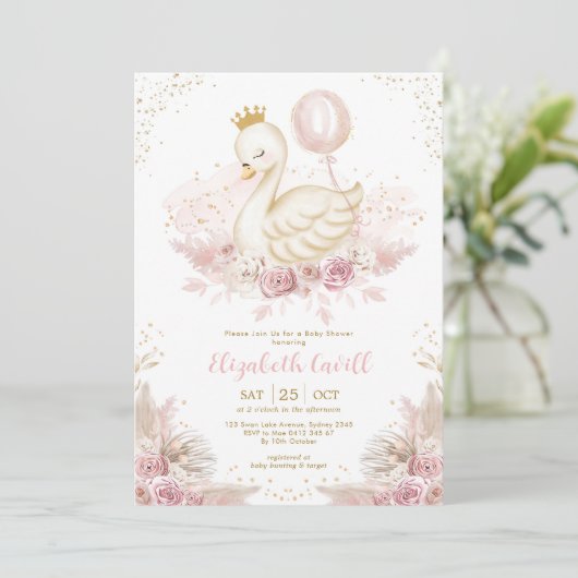 赤面金ゴールドスワンプリンセスバルーンガールベビーシャワー 招待状 (スタンド正面)
