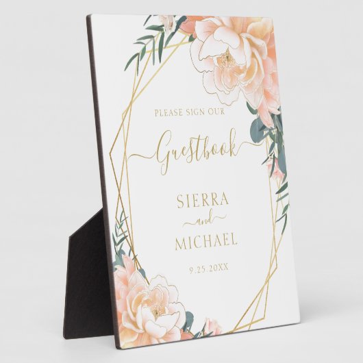 赤面金ゴールドピーチクリームフローラ結婚ズゲストブック フォトプラーク (側面)
