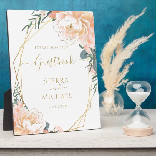 赤面金ゴールドピーチクリームフローラ結婚ズゲストブック フォトプラーク (側面)