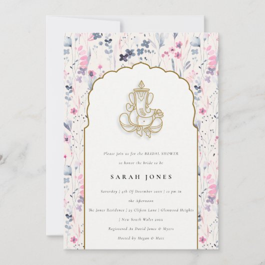 赤面金ゴールドフラワーガネーシュインディアンブライダルシャワー 招待状 (正面)