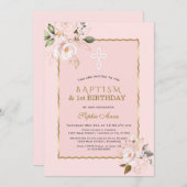 赤面金ゴールドフラワーズガール1st誕生日&バプテスマ 招待状 (正面/裏面)