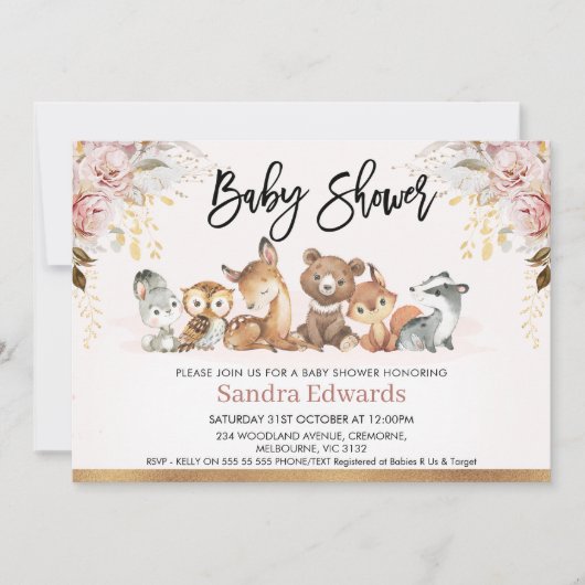 赤面金ゴールドフローラウッドランドベビーシャワー 招待状 (正面)