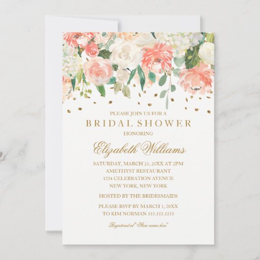 赤面金ゴールドフローラグリッターブライダルシャワー 招待状 (正面)