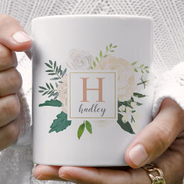 赤面金ゴールドフローラブーケカスタムモノグラム コーヒーマグカップ