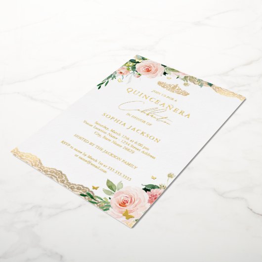 赤面金ゴールドフローラレースキンセアニェラ 箔招待状 (回転した状態)