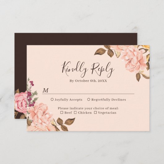 赤面金ゴールドブラウンウォーター色フローラ秋の結婚式 出欠カード (正面/裏面)