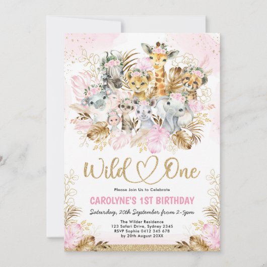 赤面金ゴールドボホサファリアニマルズワイルドワン誕生日 招待状 (正面)