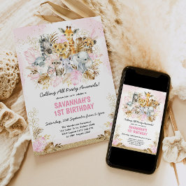 赤面金ゴールドボホジャングルワイルドワンバースデーガール 招待状