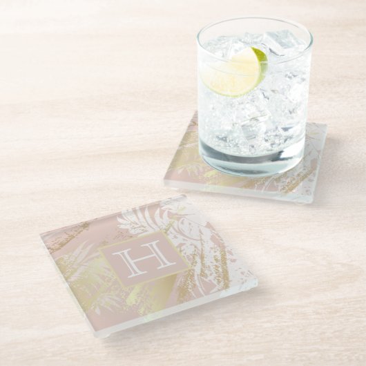 赤面金ゴールドヤシの木葉モノグラム ガラスコースター (アングル)