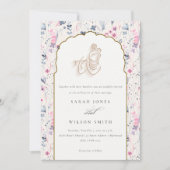 赤面金ゴールドワイルドフラワークリシュナインディアン結婚 招待状 (正面)