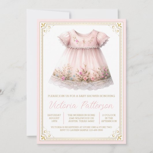 赤面金ゴールドワイルドフラワードレス赤ちゃんシャワー 招待状 (正面)