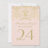 赤面金ゴールドヴィンテージグ結婚ラマーのテーブル番号 招待状 (正面)