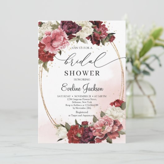 赤面金ゴールド卵形ヴィンテージ花牡丹 招待状 (スタンド正面)