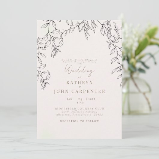 赤面金ゴールド文字の葉の花嫁結婚の両親 招待状 (スタンド正面)