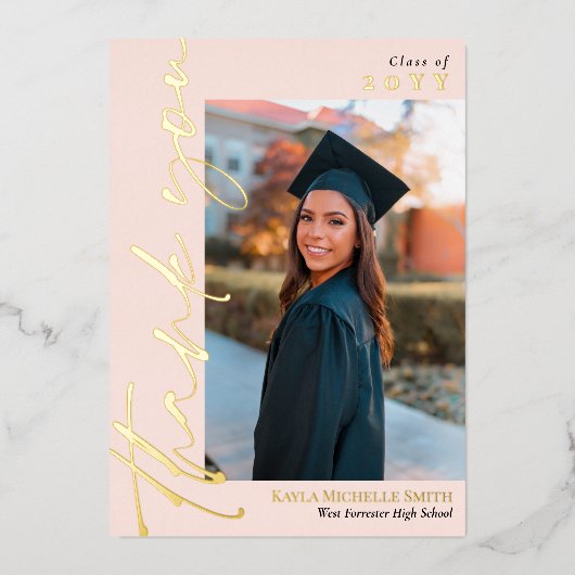 赤面金ゴールド書道写真卒業ありがとう 箔招待状 (正面)