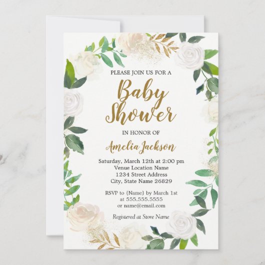 赤面金ゴールド水カラーリースベビーシャワー 招待状 (正面)