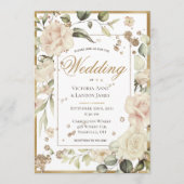 赤面金ゴールド水彩アンティーク結婚フローラ 招待状 (正面)