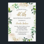 赤面金ゴールド水彩リース40th誕生日 招待状<br><div class="desc">かわいらし赤面、グレーおよび金ゴールドフローラ水色リース誕生日招待状。</div>