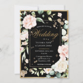 赤面金ゴールド水色ロマンチックなフローラ結婚ズ 招待状 (正面)