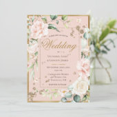 赤面金ゴールド水色ロマンチックなフローラ結婚ズ 招待状 (スタンド正面)