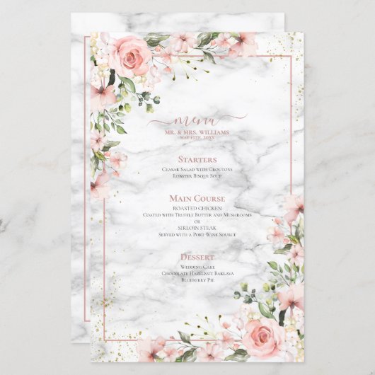 赤面金ゴールド緑豊かなピンク色のフローラ結婚のメニュー (正面/裏面)