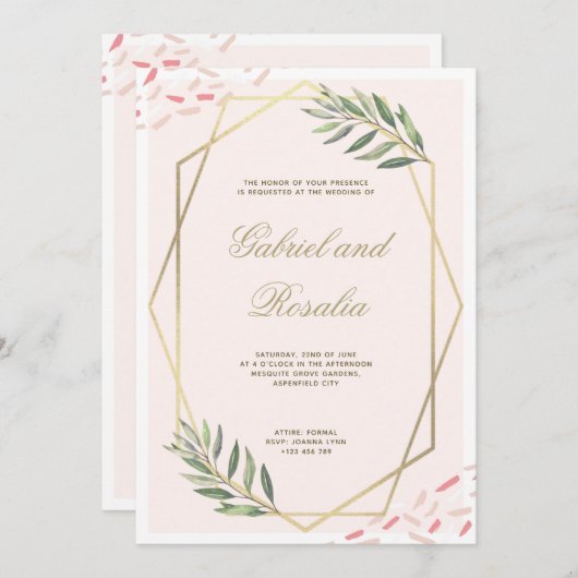 赤面金ゴールド縁どフローラ結婚幾何 招待状 (正面/裏面)