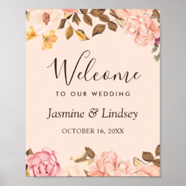 赤面金ゴールド英語フローラ結婚のウェルカムサイン ポスター